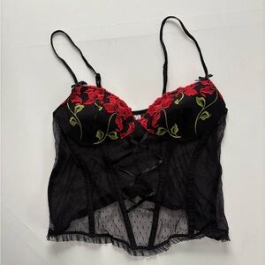 Women's Embroidered Black and Red Floral Sheer Corset Top Size XL